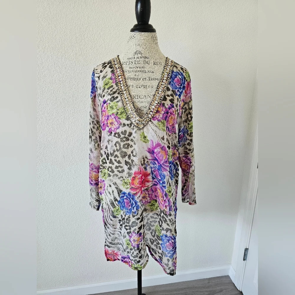 Just Love Embellished Kaftan Tunic - Leopard & Floral Print - One Size - Boho